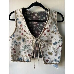 GORGLITTER Beige Floral Jacquard Tie Front Cropped Vest Braided Trim Small NWT